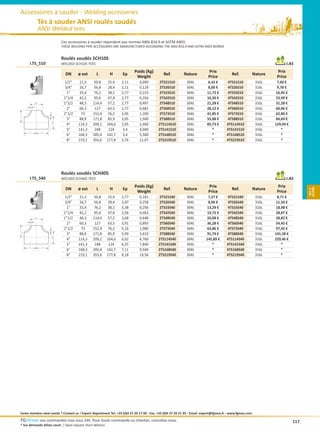 Accessoires à souder - Welding accessories
                   Tés à souder ANSI roulés soudés
                   ANSI Welded tees
                                 Ces accessoires à souder répondent aux normes ANSI B16.9 et ASTM A403.
                                 THESE WELDING PIPE ACCESSORIES ARE MANUFACTURED ACCORDING THE ANSI B16.9 AND ASTM A403 NORMS


                                 Roulés soudés SCH10S
      I.TS_S10                   WELDED SCH10S TEES                                                                                                                           I.AS
                                                                            Poids (Kg)                                        Prix                                       Prix
                                   DN     ø ext       L     H       Ep                          Ref.          Nature                          Ref.             Nature
                                                                             Weight                                           Price                                      Price
                                   1/2    21,3     50,8    25,4    2,11        0,090         2TS21S10          304L          6,42 €        4TS21S10            316L      7,60 €
                                   3/4    26,7     56,8    28,4    2,11        0,129         2TS26S10          304L          8,00 €        4TS26S10            316L      9,78 €
                                    1     33,4     76,2    38,1    2,77        0,223         2TS33S10          304L         11,72 €        4TS33S10            316L     16,45 €
                                  11/4    42,2     95,6    47,8    2,77        0,356         2TS42S10          304L         16,50 €        4TS42S10            316L     23,99 €
              OD                  11/2    48,3    114,4    57,2    2,77        0,497         2TS48S10          304L         21,28 €        4TS48S10            316L     31,28 €
          T
                                    2     60,3     127     63,5    2,77        0,681         2TS60S10          304L         28,12 €        4TS60S10            316L     60,46 €
                        T




                                  21/2     73     152,4    76,2    3,05        1,200         2TS73S10          304L         41,85 €        4TS73S10            316L     62,80 €
C




                                    3     88,9    171,8    85,9    3,05        1,500         2TS88S10          304L         55,88 €        4TS88S10            316L     84,69 €
                            OD




                                    4    114,3    209,2   104,6    3,05        2,460        2TS114S10          304L         85,73 €       4TS114S10            316L    129,94 €
                                    5    141,3     248     124      3,4        4,040        2TS141S10          304L            *          4TS141S10            316L        *
      C             C
                                    6    168,3    285,4   142,7     3,4        5,500        2TS168S10          304L            *          4TS168S10            316L        *
                                    8    219,1    355,6   177,8    3,76        11,07        2TS219S10          304L            *          4TS219S10            316L        *




                                 Roulés soudés SCH40S
      I.TS_S40                   WELDED SCH40S TEES                                                                                                                           I.AS
                                                                            Poids (Kg)                                        Prix                                       Prix




                                                                                                                                                                                         ÝÊç—›Ù
                                   DN     ø ext       L     H       Ep                          Ref.          Nature                          Ref.             Nature




                                                                                                                                                                                          ƒ‘‘ ƒ
                                                                             Weight                                           Price                                      Price
                                   1/2    21,3    50,8     25,4    2,77        0,181         2TS21S40          304L           7,27 €       4TS21S40            316L      8,71 €
                                   3/4    26,7    56,8     28,4    2,87        0,258         2TS26S40          304L           8,96 €       4TS26S40            316L     11,50 €
                                    1     33,4    76,2     38,1    3,38        0,256         2TS33S40          304L          13,29 €       4TS33S40            316L     18,98 €
                                  11/4    42,2    95,6     47,8    3,56        0,463         2TS42S40          304L          19,72 €       4TS42S40            316L     28,87 €
              OD                  11/2    48,3   114,4     57,2    3,68        0,648         2TS48S40          304L          26,08 €       4TS48S40            316L     38,82 €
          T
                                    2     60,3    127      63,5    3,91        0,893         2TS60S40          304L          36,28 €       4TS60S40            316L     54,45 €
                        T




                                  21/2     73    152,4     76,2    5,16        1,980         2TS73S40          304L          63,86 €       4TS73S40            316L     97,42 €
C




                                    3     88,9   171,8     85,9    5,49        2,610         2TS88S40          304L          91,74 €       4TS88S40            316L    141,38 €
                            OD




                                    4    114,3   209,2    104,6    6,02        4,760        2TS114S40          304L         145,89 €      4TS114S40            316L    229,46 €
                                    5    141,3    248      124     6,55        7,840        2TS141S40          304L             *         4TS141S40            316L        *
      C             C
                                    6    168,3   285,4    142,7    7,11        9,540        2TS168S40          304L             *         4TS168S40            316L        *
                                    8    219,1   355,6    177,8    8,18        19,56        2TS219S40          304L             *         4TS219S40            316L        *




Some stainless steel needs ? Contact us ! Export department Tel. +33 (0)4 37 20 17 00 - Fax. +33 (0)4 37 20 21 95 - Email. export@fginox.fr - www.fginox.com
FGchrono vos commandes inox sous 24h. Pour toute commande ou chantier, consultez-nous.                                                                                             117
* Sur demande délais court / Upon request short delivery
 