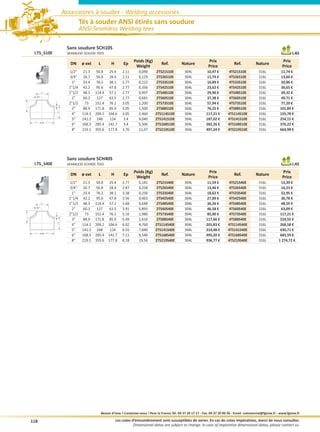 Accessoires à souder - Welding accessories
                                          Tés à souder ANSI étirés sans soudure
                                          ANSI Seamless Welding tees

                                 Sans soudure SCH10S
     I.TS_S10E                   SEAMLESS SCH10S TEES                                                                                                                                      I.AS
                                                                              Poids (Kg)                                        Prix                                               Prix
                                   DN      ø ext    L          H       Ep                        Ref.         Nature                              Ref.           Nature
                                                                               Weight                                           Price                                              Price
                                  1/2     21.3     50.8     25.4      2.11      0,090       2TS21S10E          304L           10,47 €        4TS21S10E            316L           11,74 €
                                   3/4     26.7    56.8      28.4     2.11      0,129        2TS26S10E         304L            11,74 €        4TS26S10E           316L           13,60 €
                                    1      33.4    76.2      38.1     2.77      0,223        2TS33S10E         304L            16,89 €        4TS33S10E           316L           20,86 €
                                  11/4     42.2    95.6      47.8     2.77      0,356        2TS42S10E         304L            23,62 €        4TS42S10E           316L           30,65 €
              OD                  11/2     48.3   114.4     57.2      2.77      0,497       2TS48S10E          304L           29,90 €        4TS48S10E            316L           39,32 €
          T
                                    2     60.3     127      63.5      2.77      0,681       2TS60S10E          304L           37,38 €        4TS60S10E            316L           49,71 €
                       T




                                  21/2      73    152.4     76.2      3.05      1,200       2TS73S10E          304L           57,94 €        4TS73S10E            316L           77,29 €
C




                                    3     88.9    171.8     85.9      3.05      1,500       2TS88S10E          304L           76,25 €        4TS88S10E            316L          101,89 €
                           OD




                                    4     114.3   209.2     104.6     3.05      2,460       2TS114S10E         304L           117,21 €       4TS114S10E           316L          155,78 €
                                    5     141.3    248       124       3.4      4,040       2TS141S10E         304L           187,02 €       4TS141S10E           316L          254,15 €
     C             C
                                    6     168.3   285.4     142.7      3.4      5,500       2TS168S10E         304L           282,26 €       4TS168S10E           316L          376,22 €
                                    8     219.1   355.6     177.8     3.76      11,07       2TS219S10E         304L           497,24 €       4TS219S10E           316L          664,98 €




                                 Sans soudure SCH40S
     I.TS_S40E                   SEAMLESS SCH40S TEES                                                                                                                                      I.AS
                                                                              Poids (Kg)                                        Prix                                               Prix
                                   DN      ø ext    L          H       Ep                        Ref.         Nature                              Ref.           Nature
                                                                               Weight                                           Price                                              Price
                                  1/2     21.3    50.8      25.4      2.77      0,181       2TS21S40E          304L           11,59 €        4TS21S40E            316L          13,39 €
                                   3/4    26.7     56.8     28.4      2.87      0,258       2TS26S40E          304L            13,46 €       4TS26S40E            316L           16,23 €
                                    1     33.4     76.2     38.1      3.38      0,256       2TS33S40E          304L            18,62 €       4TS33S40E            316L           22,95 €
                                  11/4    42.2     95.6     47.8      3.56      0,463       2TS42S40E          304L            27,89 €       4TS42S40E            316L           36,78 €
              OD                  11/2    48.3    114.4     57.2      3.68      0,648       2TS48S40E          304L           36,26 €        4TS48S40E            316L          48,59 €
          T
                                    2     60.3     127      63.5      3.91      0,893       2TS60S40E          304L           46,58 €        4TS60S40E            316L          63,09 €
                       T




                                  21/2     73     152.4     76.2      5.16      1,980       2TS73S40E          304L           85,00 €        4TS73S40E            316L          117,21 €
C




                                    3     88.9    171.8     85.9      5.49      2,610       2TS88S40E          304L           117,66 €       4TS88S40E            316L          224,55 €
                           OD




                                    4     114.3   209.2     104.6     6.02      4,760       2TS114S40E         304L           201,83 €       4TS114S40E           316L          268,58 €
                                    5     141.3    248       124      6.55      7,840       2TS141S40E         304L           314,48 €       4TS141S40E           316L          430,71 €
     C             C
                                    6     168.3   285.4     142.7     7.11      9,540       2TS168S40E         304L           493,20 €       4TS168S40E           316L          683,59 €
                                    8     219.1   355.6     177.8     8.18      19,56       2TS219S40E         304L           936,77 €       4TS219S40E           316L         1 274,72 €




                                                        Besoin d’inox ? Contactez-nous ! Pour la France Tél. 04 37 20 17 17 - Fax. 04 37 20 00 26 - Email. commercial@fginox.fr - www.fginox.fr

    118                                                            Les cotes d’emcombrement sont susceptibles de varier. En cas de cotes impératives, merci de nous consulter.
                                                                              Dimensional datas are subject to change. In case of imperative dimensional datas, please contact us.
 