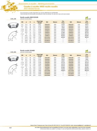 Accessoires à souder - Welding accessories
                           Coudes à souder ANSI roulés soudés
                           ANSI Welded bends
                  Ces accessoires à souder répondent aux normes ANSI B16.9 et ASTM A403.
                  THESE WELDING PIPE ACCESSORIES ARE MANUFACTURED ACCORDING THE ANSI B16.9 AND ASTM A403 NORMS


                  Roulés soudés ANSI SCH10S
 I.2LR_10S        WELDED SCH10S BENDS                                                                                                                                   I.AS
                                                    Poids (Kg)                                             Prix                                                 Prix
                    DN       ø      R        e                          Ref.            Nature                                Ref.           Nature
                                                     Weight                                                Price                                                Price
                   1/2     21,3    38     2,11        0,061         2LR21S10             304L            5,75 €          4LR21S10             316L            6,47 €
                   3/4     26,7    38     2,11        0,078         2LR26S10             304L            5,97 €          4LR26S10             316L            6,70 €
                    1      33,4    38     2,77        0,128         2LR33S10             304L            7,83 €          4LR33S10             316L            9,63 €
                   11/4    42,2    48     2,77        0,206         2LR42S10             304L            10,20 €         4LR42S10             316L            12,62 €
                   11/2    48,3    57     2,77        0,283         2LR48S10             304L            11,97 €         4LR48S10             316L            16,68 €
             e      2      60,3    76     2,77        0,478         2LR60S10             304L            17,38 €         4LR60S10             316L            24,75 €
                   21/2      73    95     3,05        0,812         2LR73S10             304L            29,49 €         4LR73S10             316L            39,47 €
                     3      88,9   114    3,05         1,140         2LR88S10            304L            40,20 €          4LR88S10            316L            64,08 €
                     4     114,3   152    3,05         1,970        2LR114S10            304L            69,93 €         4LR114S10            316L            98,93 €
       R




                     5     141,3   190     3,4         3,420        2LR141S10            304L               *            4LR141S10            316L               *
 Ø                   6     168,3   229     3,4         4,870        2LR168S10            304L               *            4LR168S10            316L               *
                     8     219,1   305    3,76        10,000        2LR219S10            304L               *            4LR219S10            316L               *




                  Roulés soudés SCH40S
 I.2LR_40S        WELDED SCH40S BENDS                                                                                                                                   I.AS
                                                    Poids (Kg)                                             Prix                                                 Prix
                    DN       ø      R        e                          Ref.            Nature                                Ref.           Nature
                                                     Weight                                                Price                                                Price
                   1/2     21,3    38     2,77        0,078         2LR21S40             304L             6,14 €         4LR21S40             316L             7,10 €
                   3/4     26,7    38     2,87        0,103         2LR26S40             304L             6,42 €         4LR26S40             316L             7,38 €
                    1      33,4    38     3,38        0,154         2LR33S40             304L             8,56 €         4LR33S40             316L            11,17 €
                   11/4    42,2    48     3,56        0,260         2LR42S40             304L            12,11 €         4LR42S40             316L            16,12 €
                   11/2    48,3    57     3,68        0,368         2LR48S40             304L            14,73 €         4LR48S40             316L            20,70 €
             e      2      60,3    76     3,91        0,652         2LR60S40             304L            22,61 €         4LR60S40             316L            30,92 €
                   21/2     73     95     5,16        1,370         2LR73S40             304L            41,46 €         4LR73S40             316L            61,39 €
                     3     88,9    114    5,49        2,040         2LR88S40             304L            70,39 €         4LR88S40             316L            100,02 €
                     4     114,3   152    6,02        3,840         2LR114S40            304L            130,82 €        4LR114S40            316L            180,32 €
       R




                     5     141,3   190    6,55        6,480         2LR141S40            304L                *           4LR141S40            316L                *
 Ø                   6     168,3   229    7,11        9,940         2LR168S40            304L                *           4LR168S40            316L                *
                     8     219,1   305    8,18        20,10         2LR219S40            304L                *           4LR219S40            316L                *




                                      Besoin d’inox ? Contactez-nous ! Pour la France Tél. 04 37 20 17 17 - Fax. 04 37 20 00 26 - Email. commercial@fginox.fr - www.fginox.fr

112                                              Les cotes d’emcombrement sont susceptibles de varier. En cas de cotes impératives, merci de nous consulter.
                                                            Dimensional datas are subject to change. In case of imperative dimensional datas, please contact us.
 