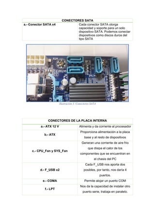 CONECTORES SATA
a.- Conector SATA x4 Cada conector SATA otorga
capacidad y soporte para un solo
dispositivo SATA. Podemos conectar
dispositivos como discos duros del
tipo SATA
Ilustración 3. Conectores SATA
CONECTORES DE LA PLACA INTERNA
a.- ATX 12 V Alimenta y da corriente al procesador
b.- ATX
Proporciona alimentación a la placa
base y al resto de dispositivos
c.- CPU_Fan y SYS_Fan
Generan una corriente de aire frio
que disipa el calor de los
componentes que se encuentran en
el chasis del PC
d.- F_USB x2
Cada F_USB nos aporta dos
posibles, por tanto, nos daría 4
puertos.
e.- COMA Permite alojar un puerto COM
f.- LPT
Nos da la capacidad de instalar otro
puerto serie, trabaja en paralelo.
 