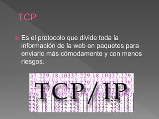  Es el protocolo que divide toda la
información de la web en paquetes para
enviarlo más cómodamente y con menos
riesgos.