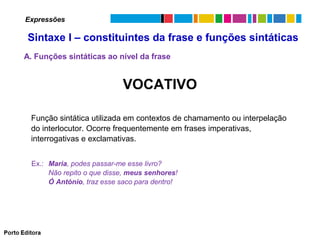 Expressões

Sintaxe I – constituintes da frase e funções sintáticas
A. Funções sintáticas ao nível da frase

VOCATIVO
Função sintática utilizada em contextos de chamamento ou interpelação
do interlocutor. Ocorre frequentemente em frases imperativas,
interrogativas e exclamativas.
Ex.: Maria, podes passar-me esse livro?
Não repito o que disse, meus senhores!
Ó António, traz esse saco para dentro!

 