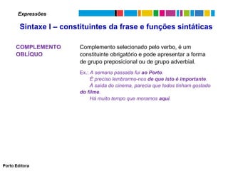 Expressões

Sintaxe I – constituintes da frase e funções sintáticas
COMPLEMENTO
OBLÍQUO

Complemento selecionado pelo verbo, é um
constituinte obrigatório e pode apresentar a forma
de grupo preposicional ou de grupo adverbial.
Ex.: A semana passada fui ao Porto.
É preciso lembrarmo-nos de que isto é importante.
À saída do cinema, parecia que todos tinham gostado
do filme.
Há muito tempo que moramos aqui.

 