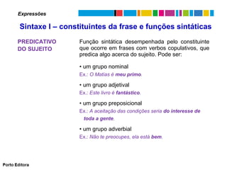 Expressões

Sintaxe I – constituintes da frase e funções sintáticas
PREDICATIVO
DO SUJEITO

Função sintática desempenhada pelo constituinte
que ocorre em frases com verbos copulativos, que
predica algo acerca do sujeito. Pode ser:
• um grupo nominal
Ex.: O Matias é meu primo.

• um grupo adjetival
Ex.: Este livro é fantástico.

• um grupo preposicional
Ex.: A aceitação das condições seria do interesse de
toda a gente.

• um grupo adverbial
Ex.: Não te preocupes, ela está bem.

 