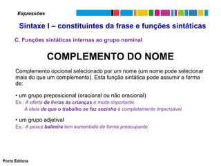 Expressões

Sintaxe I – constituintes da frase e funções sintáticas
C. Funções sintáticas internas ao grupo nominal

COMPLEMENTO DO NOME
Complemento opcional selecionado por um nome (um nome pode selecionar
mais do que um complemento). Esta função sintática pode assumir a forma
de:
• um grupo preposicional (oracional ou não oracional)
Ex.: A oferta de livros às crianças é muito importante.
A ideia de que o trabalho se faz sozinho é completamente impensável.

• um grupo adjetival
Ex.: A pesca baleeira tem aumentado de forma preocupante.

 