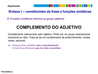 Expressões

Sintaxe I – constituintes da frase e funções sintáticas
D. Funções sintáticas internas ao grupo adjetival

COMPLEMENTO DO ADJETIVO
Complemento selecionado pelo adjetivo. Pode ser um grupo preposicional
(oracional ou não). Trata-se de um complemento de preenchimento, muitas
vezes, opcional.
Ex.: Ninguém ficou satisfeito com o acontecimento.
A Carla ficou felicíssima por ter sido a escolhida.

 