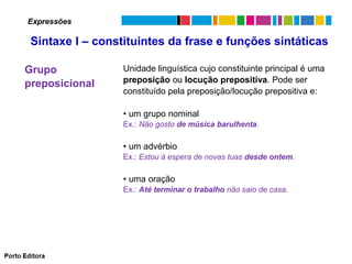 Expressões

Sintaxe I – constituintes da frase e funções sintáticas
Grupo
preposicional

Unidade linguística cujo constituinte principal é uma
preposição ou locução prepositiva. Pode ser
constituído pela preposição/locução prepositiva e:
• um grupo nominal
Ex.: Não gosto de música barulhenta.

• um advérbio
Ex.: Estou à espera de novas tuas desde ontem.

• uma oração
Ex.: Até terminar o trabalho não saio de casa.

 