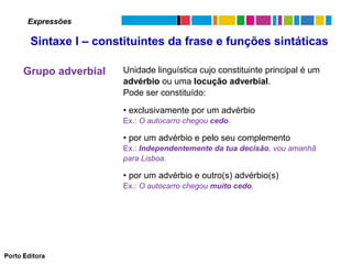Expressões

Sintaxe I – constituintes da frase e funções sintáticas
Grupo adverbial

Unidade linguística cujo constituinte principal é um
advérbio ou uma locução adverbial.
Pode ser constituído:
• exclusivamente por um advérbio
Ex.: O autocarro chegou cedo.

• por um advérbio e pelo seu complemento
Ex.: Independentemente da tua decisão, vou amanhã
para Lisboa.

• por um advérbio e outro(s) advérbio(s)
Ex.: O autocarro chegou muito cedo.

 