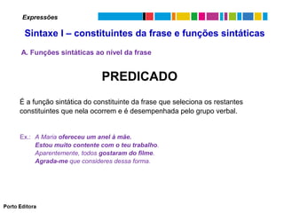 Expressões

Sintaxe I – constituintes da frase e funções sintáticas
A. Funções sintáticas ao nível da frase

PREDICADO
É a função sintática do constituinte da frase que seleciona os restantes
constituintes que nela ocorrem e é desempenhada pelo grupo verbal.

Ex.: A Maria ofereceu um anel à mãe.
Estou muito contente com o teu trabalho.
Aparentemente, todos gostaram do filme.
Agrada-me que consideres dessa forma.

 
