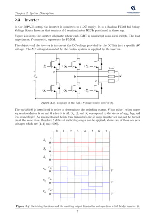 Chapter 2. System Description
2.3 Inverter
In the dSPACE setup, the inverter is connected to a DC supply. It is a Danfoss FC302 full bridge
Voltage Source Inverter that consists of 6 semiconductor IGBTs positioned in three legs.
Figure 2.3 shows the inverter schematic where each IGBT is considered as an ideal switch. The load
impedances, Y-connected, represents the PMSM.
The objective of the inverter is to convert the DC voltage provided by the DC link into a speciﬁc AC
voltage. The AC voltage demanded by the control system is supplied by the inverter.
a
b
c
dcV N
Sa
Sc
Sb
Sa
Sc
Sb
Load
+
+ +
- - -
-
Figure 2.3. Topology of the IGBT Voltage Source Inverter [6].
The variable S is introduced in order to determinate the switching status. S has value 1 when upper
leg semiconductor is on and 0 when it is oﬀ. Sa, Sb and Sc correspond to the states of lega, legb and
legc respectively. As was mentioned before two transistors on the same inverter leg can not be turned
on at the same time, therefore 8 diﬀerent switching stages can be applied, where two of those are zero
voltages which are (111) and (000).
1 2 3 4 5 6 70
1
0
1
0
1
0
dcV
0
dcV
0
dcV
0
aS
bS
cS
abv
bcv
cav
V
V
V
Figure 2.4. Switching functions and the resulting output line-to-line voltages from a full bridge inverter [6].
7
 