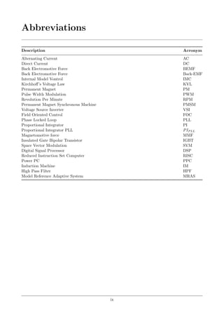 Abbreviations
Description Acronym
Alternating Current AC
Direct Current DC
Back Electromotive Force BEMF
Back Electromotive Force Back-EMF
Internal Model Vontrol IMC
Kirchhoﬀ’s Voltage Law KVL
Permanent Magnet PM
Pulse Width Modulation PWM
Revolution Per Minute RPM
Permanent Magnet Synchronous Machine PMSM
Voltage Source Inverter VSI
Field Oriented Control FOC
Phase Locked Loop PLL
Proportional Integrator PI
Proportional Integrator PLL PIPLL
Magnetomotive force MMF
Insulated Gate Bipolar Transistor IGBT
Space Vector Modulation SVM
Digital Signal Processor DSP
Reduced Instruction Set Computer RISC
Power PC PPC
Induction Machine IM
High Pass Filter HPF
Model Reference Adaptive System MRAS
ix
 