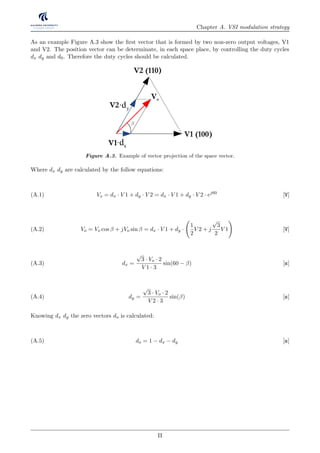 Chapter A. VSI modulation strategy
As an example Figure A.3 show the ﬁrst vector that is formed by two non-zero output voltages, V1
and V2. The position vector can be determinate, in each space place, by controlling the duty cycles
dx dy and d0. Therefore the duty cycles should be calculated.
V1 (100)
V2 (110)
Vo
xd
ydV2.
V1.
Figure A.3. Example of vector projection of the space vector.
Where dx dy are calculated by the follow equations:
Vo = dx · V 1 + dy · V 2 = dx · V 1 + dy · V 2 · ej60
[V](A.1)
Vo = Vo cos β + jVo sin β = dx · V 1 + dy ·
1
2
V 2 + j
√
3
2
V 1 [V](A.2)
dx =
√
3 · Vo · 2
V 1 · 3
sin(60 − β) [s](A.3)
dy =
√
3 · Vo · 2
V 2 · 3
sin(β) [s](A.4)
Knowing dx dy the zero vectors do is calculated:
do = 1 − dx − dy [s](A.5)
II
 