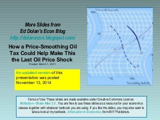 More Slides from 
Ed Dolan’s Econ Blog 
http://dolanecon.blogspot.com/ 
How a Price-Smoothing Oil 
Tax Could Help Make This 
the Last Oil Price Shock 
Posted March 1, 2011 
An updated version of this 
presentation was posted 
November 13, 2014 
Terms of Use: These slides are made available under Creative Commons License 
Attribution—Share Alike 3.0 . You are free to use these slides as a resource for your economics 
classes together with whatever textbook you are using. If you like the slides, you may also want to 
take a look at my textbook, Introduction to Economics, from BVT Publishers. 
 