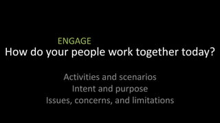 ENGAGEHow do your people work together today?Activities and scenariosIntent and purposeIssues, concerns, and limitations