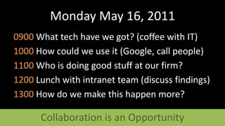 Monday May 16, 20110900	What tech have we got? (coffee with IT)1000	How could we use it (Google, call people)1100	Who is doing good stuff at our firm?1200	Lunch with intranet team (discuss findings)1300	How do we make this happen more?Collaboration is an Opportunity