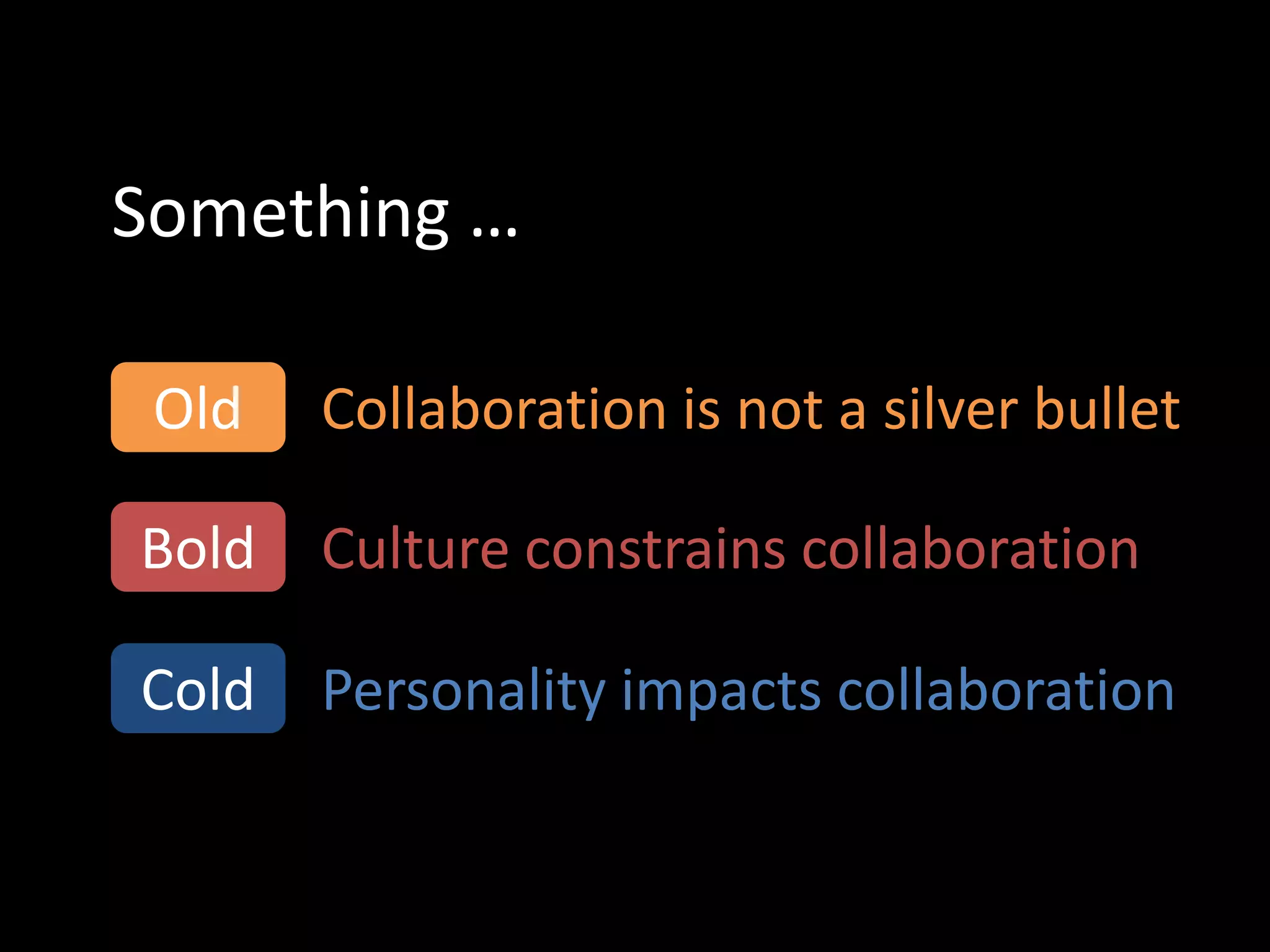 Something …

 Old   Collaboration is not a silver bullet

Bold   Culture constrains collaboration

Cold   Personality impacts collaboration
 