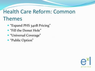 Health Care Reform: Common Themes<br />“Expand PHS 340B Pricing”<br />“Fill the Donut Hole”<br />“Universal Coverage”<br /...