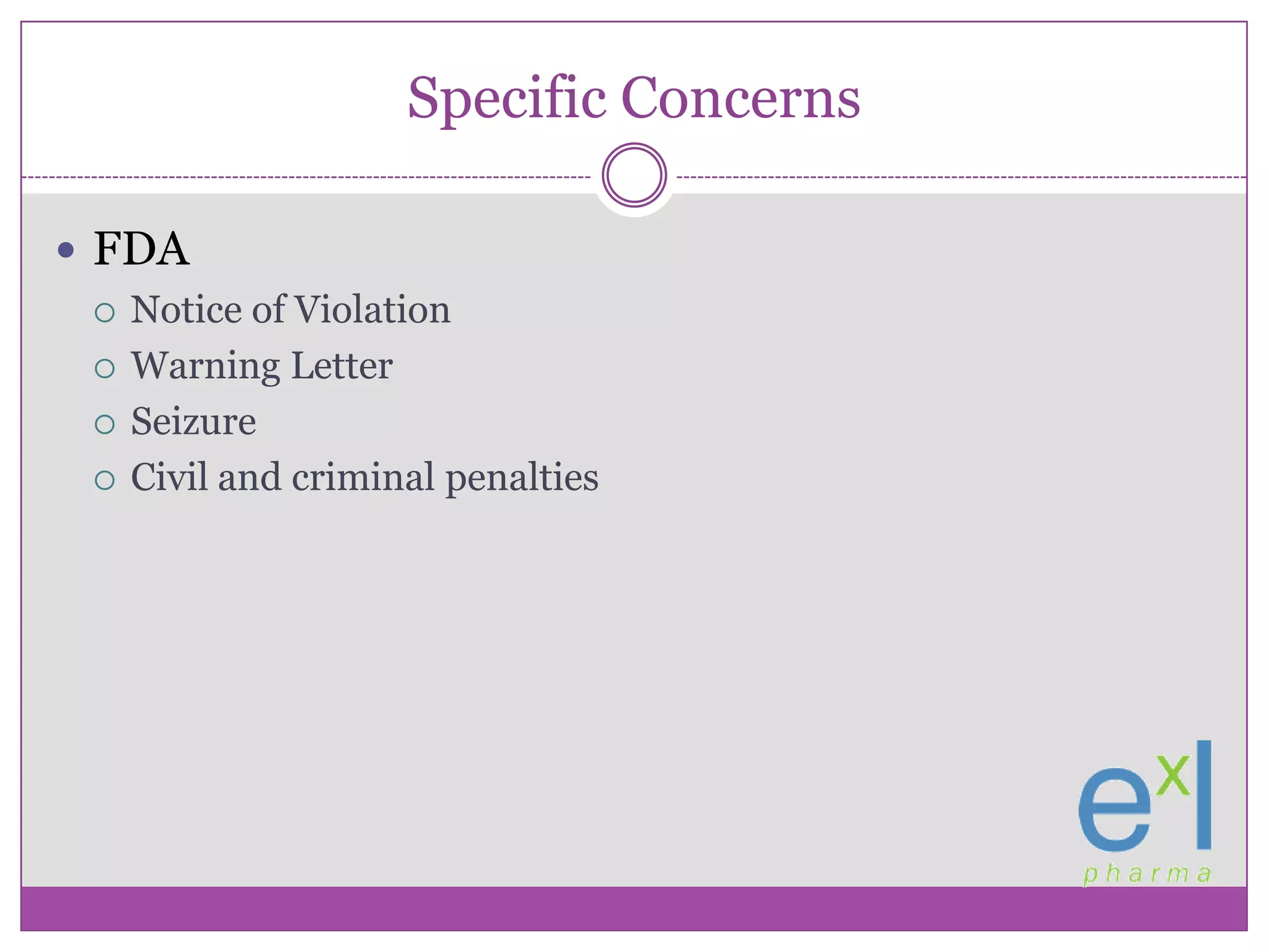 Specific ConcernsFDANotice of ViolationWarning LetterSeizureCivil and criminal penalties