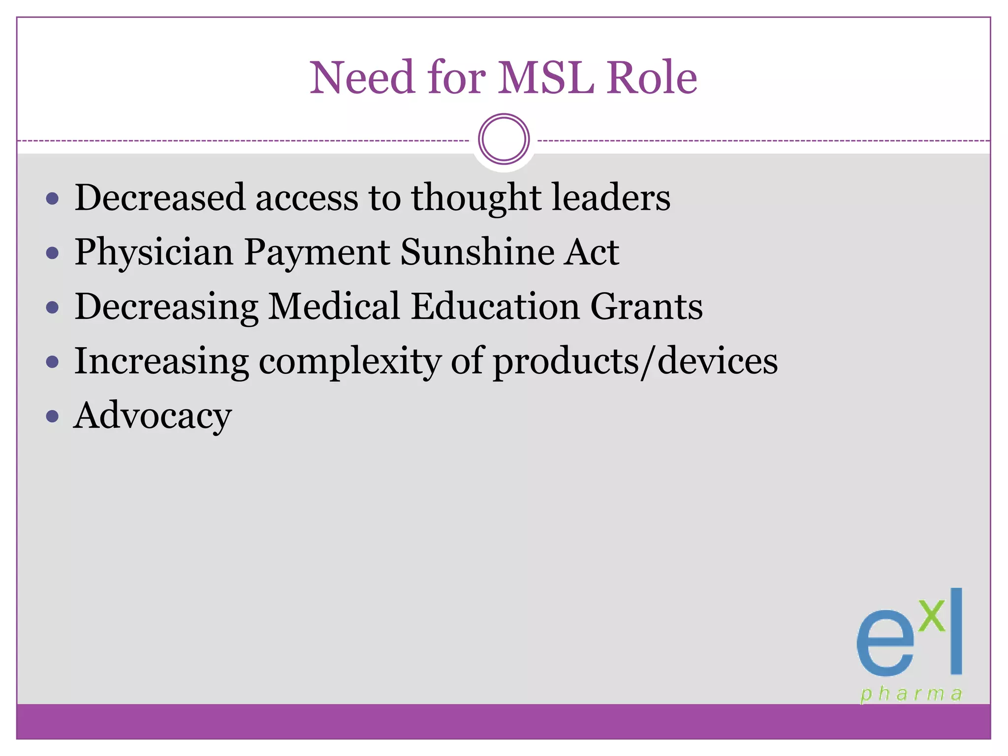 Need for MSL RoleDecreased access to thought leadersPhysician Payment Sunshine ActDecreasing Medical Education GrantsIncreasing complexity of products/devicesAdvocacy