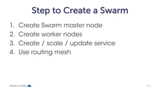 Step to Create a Swarm
1. Create Swarm master node
2. Create worker nodes
3. Create / scale / update service
4. Use routin...