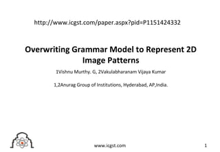 Overwriting Grammar Model to Represent 2D
Image Patterns
1Vishnu Murthy. G, 2Vakulabharanam Vijaya Kumar
1,2Anurag Group of Institutions, Hyderabad, AP,India.
1www.icgst.com
http://www.icgst.com/paper.aspx?pid=P1151424332
 