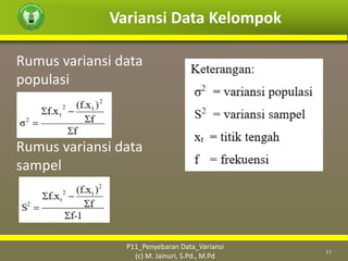 Variansi Data Kelompok
Rumus variansi data
populasi
Rumus variansi data
sampel
11
P11_Penyebaran Data_Variansi
(c) M. Jainuri, S.Pd., M.Pd
 