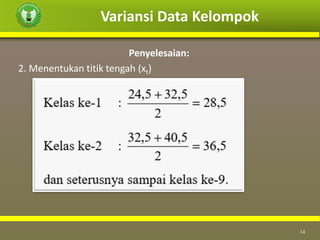 Variansi Data Kelompok
14
Penyelesaian:
2. Menentukan titik tengah (xt)
 