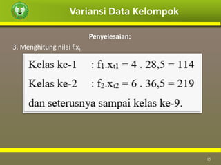 Variansi Data Kelompok
15
Penyelesaian:
3. Menghitung nilai f.xt
 