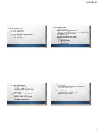 12/30/2019
3
Teknik Bermain Peran
 Teknik Pemunculan
 Teknik Memberi isi
 Teknik pengembangan
 Teknik pembinaan menuju puncak
 Teknik timing
 Tempo dan irama
Teknik Bermain Peran
 Teknik Pemunculan
 Pemain memiliki penguasaan diri
 Memberi kesan kpd penonton ttg watak yg dimainkan
 Pembawaan postur yg menarik
 Teknik Memberi isi
 Menciptakan gerak dan dialog
 Menonjolkan emosi dan pikiran
 Ada penekanan
• Tekanan dinamik
• Tekanan nada
• Tekanan tempo
 Teknik pengembangan
 Menaikkan volume suara
 Menaikkan tinggi nada suara
 Menaikkan tempo kecepatan suara
 Mengurangi volume, tinggi nada, dan kecepatan
tempo suara
 Teknik pembinaan menuju puncak
 Menahan arus perasaan
 Menahan reaksi thd alur cerita
 Teknik gabungan
 Teknik kelompok bermain
 Teknik timing;
 Dapat dipakai menjelaskan alasan perbuatan
 Menciptakan efek tertentu
 Tempo dan irama;
 Menghayati peran dan jalan cerita
 Menyadari teknik bermain
 