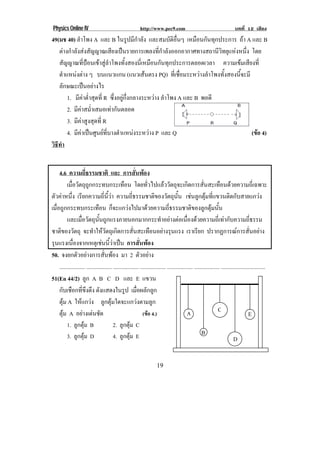 Physics Online IV                                           http://www.pec9.com                                                บทที่ 12 เสียง
49(มช 40) ลําโพง A และ B ในรูปมีกําลัง และสมบัติอื่นๆ เหมอนกนทกประการ ถา A และ B
                                                                  ื ั ุ
   ตางกําลังสงสัญญาณเสียงเปนรายการเพลงที่กําลังออกอากาศทางสถานีวิทยุแหงหนึ่ง โดย
   สัญญาณทีปอนเขาสูลาโพงทังสองนีเ่ หมือนกันทุกประการตลอดเวลา ความเขมเสียงที่
                ่        ํ        ้
   ตําแหนงตาง ๆ บนแนวแกน (แนวเสนตรง PQ) ทีเ่ ชือมระหวางลําโพงทังสองนีจะมี
                                                           ่            ้   ้
   ลักษณะเปนอยางไร
       1. มีคาต่ําสุดที่ R ซึ่งอยูกึ่งกลางระหวาง ลําโพง A และ B พอดี
       2. มีคาสม่าเสมอเทากันตลอด
                ํ
       3. มีคาสูงสุดที่ R
       4. มคาเปนศนยทบางตาแหนงระหวาง P และ Q
            ี   ู  ่ี ํ                                                     (ขอ 4)
                                                                                   
วธทา
 ิี ํ


      4.6 ความถี่ธรรมชาติ และ การสนพอง                       ่ั 
           เมอวตถถกกระทบกระเทอน โดยทัวไปแลววัตถุจะเกิดการสันสะเทือนดวยความถีเ่ ฉพาะ
               ่ื ั ุ ู                             ื                ่                                      ่
ตวคาหนง เรียกความถีนวา ความถีธรรมชาติของวัตถุนน เชนลูกตุมทีแขวนติดกับสายแกวง
   ั  ่ึ                             ่ ้ี              ่                               ้ั                    ่
เมอถกกระทบกระเทอน ก็จะแกวงไปมาดวยความถีธรรมชาติของลูกตุมนัน
    ่ื ู                          ื                                                ่                              ้
           และเมอวตถนนถกแรงภายนอกมากกระทาอยางตอเนองดวยความถเ่ี ทากบความถธรรม
                      ่ื ั ุ ้ั ู                                             ํ   ่ื                                    ั                 ่ี
ชาตของวตถุ จะทําใหวตถุเกิดการสันสะเทือนอยางรุนแรง เราเรยก ปรากฏการณการสันอยาง
       ิ ั                               ั                 ่                                           ี                                    ่
รนแรงเนองจากเหตเุ ชนนวาเปน การสนพอง
 ุ               ่ื                  ้ี                       ่ั 
50. จงยกตัวอยางการสันพอง มา 2 ตวอยาง่                       ั
      .................. .................. .................. .................. .................. .................. ...............................
51(En 44/2) ลูก A B C D และ E แขวน
      กับเชือกที่ขงตง ดงแสดงในรป เมื่อผลักลูก
                         ึ ึ ั                        ู
      ตม A ใหแกวง ลูกตุมใดจะแกวงตามลูก
        ุ
      ตม A อยางเดนชด
        ุ                ั                                                                   A                     C
                                                                   (ขอ 4.)                                                                E
           1. ลูกตุม B                      2. ลูกตุม C
           3. ลูกตุม D                      4. ลูกตุม E                                                 B
                                                                                                                                 D


                                                                         19
 