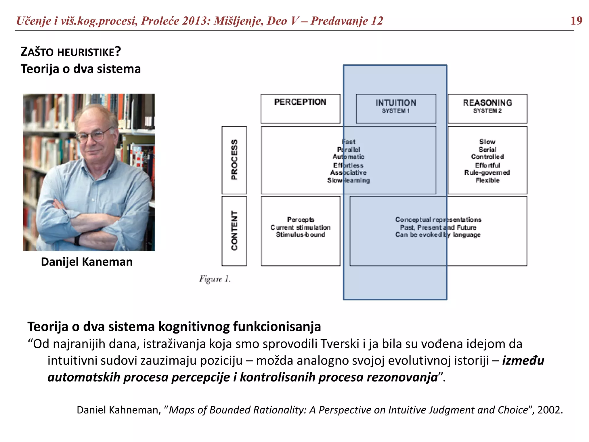 Učenje i viš.kog.procesi, Proleće 2013: Mišljenje, Deo V – Predavanje 12 19
ZAŠTO HEURISTIKE?
Teorija o dva sistema
Danijel Kaneman
Teorija o dva sistema kognitivnog funkcionisanja
“Od najranijih dana, istraživanja koja smo sprovodili Tverski i ja bila su vođena idejom da
intuitivni sudovi zauzimaju poziciju – možda analogno svojoj evolutivnoj istoriji – između
automatskih procesa percepcije i kontrolisanih procesa rezonovanja”.
Daniel Kahneman, ”Maps of Bounded Rationality: A Perspective on Intuitive Judgment and Choice”, 2002.
 