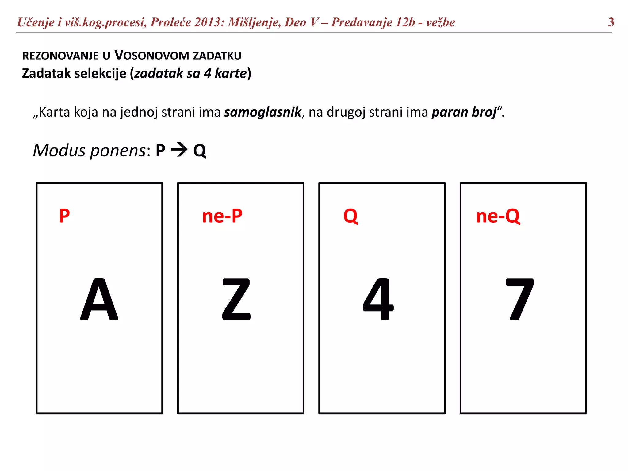 Učenje i viš.kog.procesi, Proleće 2013: Mišljenje, Deo V – Predavanje 12b - vežbe 3
REZONOVANJE U VOSONOVOM ZADATKU
Zadatak selekcije (zadatak sa 4 karte)
A Z 4 7
„Karta koja na jednoj strani ima samoglasnik, na drugoj strani ima paran broj“.
Modus ponens: P  Q
P ne-P ne-QQ
 
