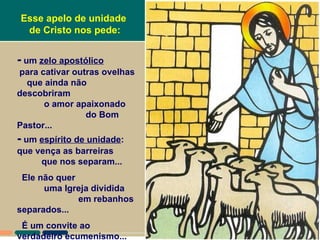 Esse apelo de unidade
 de Cristo nos pede:


- um zelo apostólico
para cativar outras ovelhas
  que ainda não
descobriram
      o amor apaixonado
                do Bom
Pastor...
- um espírito de unidade:
que vença as barreiras
     que nos separam...
 Ele não quer
      uma Igreja dividida
              em rebanhos
separados...
 É um convite ao
verdadeiro ecumenismo...
 