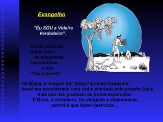 No Evangelho,
     Jesus afirma
      "Eu SOU a Videira
        Verdadeira".
               (Jo 15,1-8)

     Essas palavras,
     numa ceia
       de despedida,
     representam
          o seu
     "Testamento".

- Na Bíblia, a imagem da "Vinha" é muito freqüente:
  Israel era considerado uma vinha plantada pelo próprio Deus,
          mas que não produziu os frutos esperados.
        E Deus, o vinhateiro, foi obrigado a abandoná-la,
                 permitiu que fosse destruída…
 