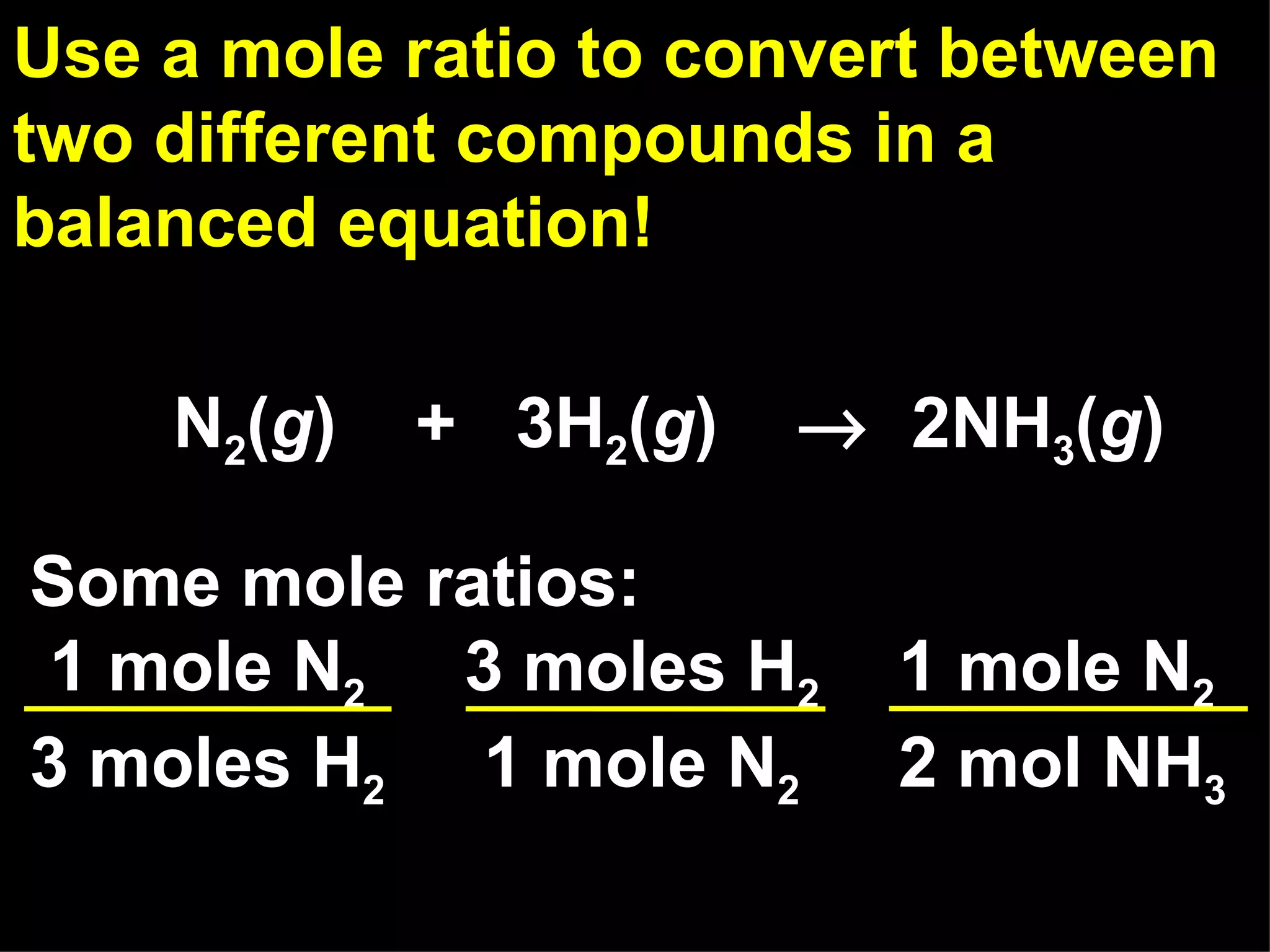N 2 ( g )  +  3H 2 ( g )     2NH 3 ( g ) Use a mole ratio to convert between two different compounds in a balanced equation! Some mole ratios: 1 mole N 2   3 moles H 2   1 mole N 2 3 moles H 2   1 mole N 2   2 mol NH 3   