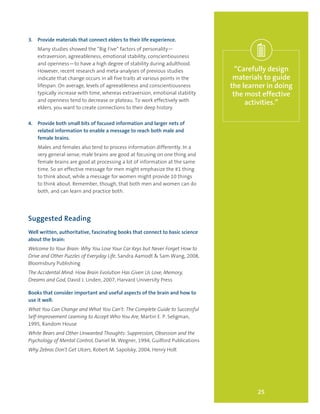 3.	 Provide materials that connect elders to their life experience.
Many studies showed the “Big Five” factors of personality—
extraversion, agreeableness, emotional stability, conscientiousness
and openness—to have a high degree of stability during adulthood.
However, recent research and meta-analyses of previous studies
indicate that change occurs in all five traits at various points in the
lifespan. On average, levels of agreeableness and conscientiousness
typically increase with time, whereas extraversion, emotional stability
and openness tend to decrease or plateau. To work effectively with
elders, you want to create connections to their deep history.
4.	 Provide both small bits of focused information and larger nets of
related information to enable a message to reach both male and
female brains.
Males and females also tend to process information differently. In a
very general sense, male brains are good at focusing on one thing and
female brains are good at processing a lot of information at the same
time. So an effective message for men might emphasize the #1 thing
to think about, while a message for women might provide 10 things
to think about. Remember, though, that both men and women can do
both, and can learn and practice both.
Suggested Reading
Well written, authoritative, fascinating books that connect to basic science
about the brain:
Welcome to Your Brain: Why You Lose Your Car Keys but Never Forget How to
Drive and Other Puzzles of Everyday Life, Sandra Aamodt & Sam Wang, 2008,
Bloomsbury Publishing
The Accidental Mind: How Brain Evolution Has Given Us Love, Memory,
Dreams and God, David J. Linden, 2007, Harvard University Press
Books that consider important and useful aspects of the brain and how to
use it well:
What You Can Change and What You Can’t: The Complete Guide to Successful
Self-Improvement Learning to Accept Who You Are, Martin E. P. Seligman,
1995, Random House
White Bears and Other Unwanted Thoughts: Suppression, Obsession and the
Psychology of Mental Control, Daniel M. Wegner, 1994, Guilford Publications
Why Zebras Don’t Get Ulcers, Robert M. Sapolsky, 2004, Henry Holt
25
“Carefully design
materials to guide
the learner in doing
the most effective
activities.”
 