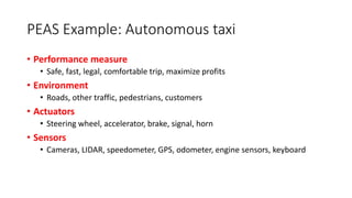 PEAS Example: Autonomous taxi
• Performance measure
• Safe, fast, legal, comfortable trip, maximize profits
• Environment
• Roads, other traffic, pedestrians, customers
• Actuators
• Steering wheel, accelerator, brake, signal, horn
• Sensors
• Cameras, LIDAR, speedometer, GPS, odometer, engine sensors, keyboard
 