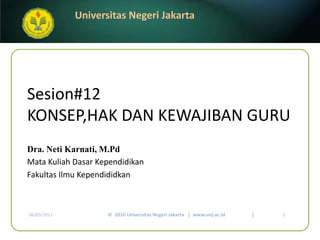 Sesion#12KONSEP,HAK DAN KEWAJIBAN GURU Dra. NetiKarnati, M.Pd Mata KuliahDasarKependidikan FakultasIlmuKependididkan 13/01/2011 ©  2010 Universitas Negeri Jakarta   |  www.unj.ac.id                      | 1 