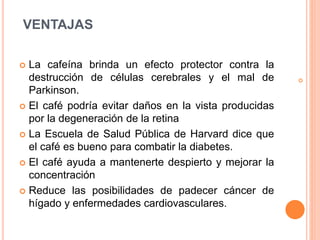VENTAJAS
La cafeína brinda un efecto protector contra la
destrucción de células cerebrales y el mal de
Parkinson.
El café podría evitar daños en la vista producidas
por la degeneración de la retina
La Escuela de Salud Pública de Harvard dice que
el café es bueno para combatir la diabetes.
El café ayuda a mantenerte despierto y mejorar la
concentración
Reduce las posibilidades de padecer cáncer de
hígado y enfermedades cardiovasculares.