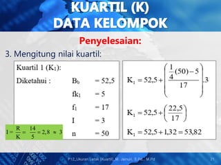 Penyelesaian:
3. Mengitung nilai kuartil:
21
P12_Ukuran Letak (Kuartil)_M. Jainuri, S.Pd., M.Pd
R 14
I = 2,8 3
K 5
= = 
 