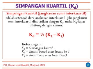 SIMPANGAN KUARTIL (Kd)
25
Simpangan kuartil (jangkauan semi interkuartil)
adalah setengah dari jangkauan interkuartil. Jika jangkauan
semi interkuartil dinotasikan dengan Kd, maka Kd dapat
dihitung dengan rumus:
Kd = ½ (K3 – K1)
Keterangan :
Kd = Simpangan kuartil
K1 = Kuartil bawah atau kuartil ke-1
K3 = Kuartil atas atau kuartil ke-3
P12_Ukuran Letak (Kuartil)_M.Jainuri, M.Pd
 