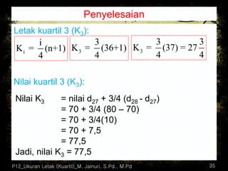 Penyelesaian
Letak kuartil 3 (K3):
Nilai kuartil 3 (K3):
P12_Ukuran Letak (Kuartil)_M. Jainuri, S.Pd., M.Pd 35
i
i
K = (n+1)
4
3
3
K = (36+1)
4
3
3 3
K = (37) = 27
4 4
Nilai K3 = nilai d27 + 3/4 (d28 - d27)
= 70 + 3/4 (80 – 70)
= 70 + 3/4(10)
= 70 + 7,5
= 77,5
Jadi, nilai K3 = 77,5
 