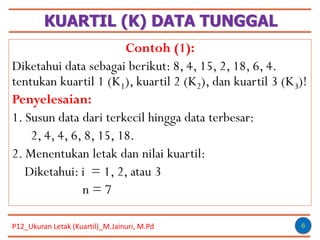 KUARTIL (K) DATA TUNGGAL
6
Contoh (1):
Diketahui data sebagai berikut: 8, 4, 15, 2, 18, 6, 4.
tentukan kuartil 1 (K1), kuartil 2 (K2), dan kuartil 3 (K3)!
Penyelesaian:
1. Susun data dari terkecil hingga data terbesar:
2, 4, 4, 6, 8, 15, 18.
2. Menentukan letak dan nilai kuartil:
Diketahui: i = 1, 2, atau 3
n = 7
P12_Ukuran Letak (Kuartil)_M.Jainuri, M.Pd
 