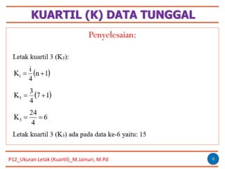 KUARTIL (K) DATA TUNGGAL
9
Penyelesaian:
P12_Ukuran Letak (Kuartil)_M.Jainuri, M.Pd
 