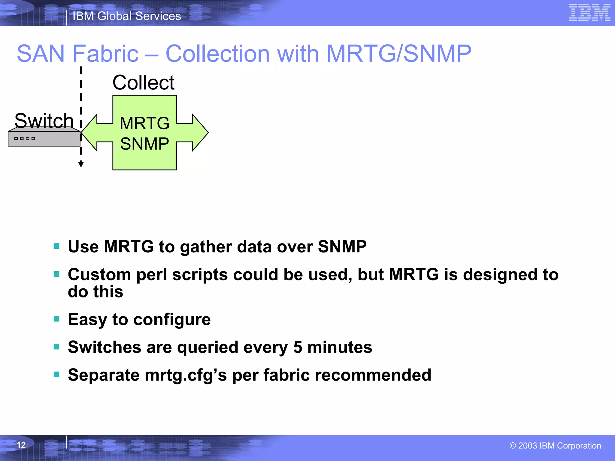 SAN Fabric – Collection with MRTG/SNMP Use MRTG to gather data over SNMP Custom perl scripts could be used, but MRTG is designed to do this Easy to configure Switches are queried every 5 minutes Separate mrtg.cfg’s per fabric recommended Switch MRTG SNMP Collect 