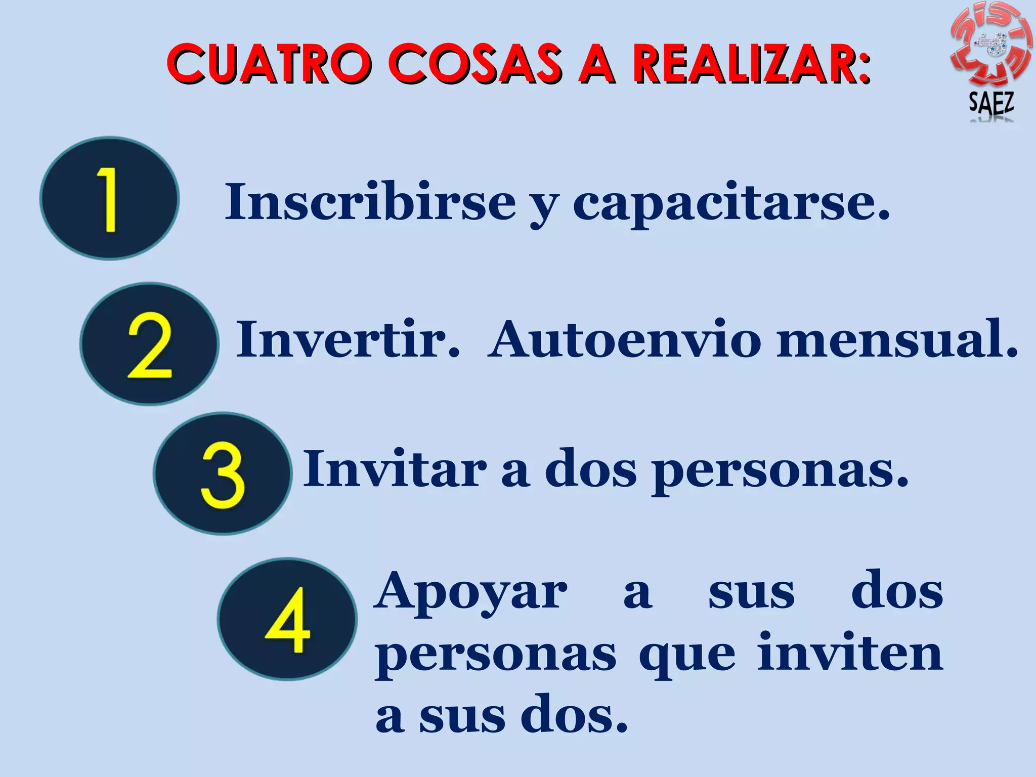 CUATRO COSAS A REALIZAR:
Inscribirse y capacitarse.
Invertir. Autoenvio mensual.
Invitar a dos personas.
Apoyar a sus dos
personas que inviten
a sus dos.

 