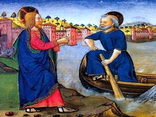 3. Um DIÁLOGO
   entre Jesus e Pedro:
em que este recebe
  a missão de presidir e
animar a Comunidade:
- "Simão, tu ME AMAS?"
-"Tu sabes que te amo."
Uma tríplice prova
de amor, já que
por 3 vezes o negara.
Só então transmite
a ele o primado
sobre a Igreja nascente.
    O essencial não é
o exercício da autoridade,
      mas o amor,
   que se faz serviço,
    ao jeito de Jesus.
 