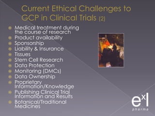 Current Ethical Challenges to GCP in Clinical Trials (2)Medical treatment during the course of researchProduct availabilitySponsorshipLiability & InsuranceTissuesStem Cell ResearchData ProtectionMonitoring (DMCs)Data OwnershipProprietary Information/KnowledgePublishing Clinical Trial Information and ResultsBotanical/Traditional Medicines