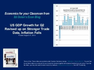 Economics for your Classroom from
Ed Dolan’s Econ Blog
US GDP Growth for Q2
Revised up on Stronger Trade
Data, Inflation Falls
Posted August 31, 2013
Terms of Use: These slides are provided under Creative Commons License Attribution—Share Alike 3.0 . You are free
to use these slides as a resource for your economics classes together with whatever textbook you are using. If you like
the slides, you may also want to take a look at my textbook, Introduction to Economics, from BVT Publishing.
 