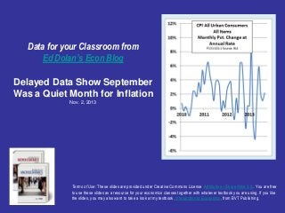 Data for your Classroom from
Ed Dolan’s Econ Blog
Delayed Data Show September
Was a Quiet Month for Inflation
Nov. 2, 2013

Terms of Use: These slides are provided under Creative Commons License Attribution—Share Alike 3.0 . You are free
to use these slides as a resource for your economics classes together with whatever textbook you are using. If you like
the slides, you may also want to take a look at my textbook, Introduction to Economics, from BVT Publishing.

 